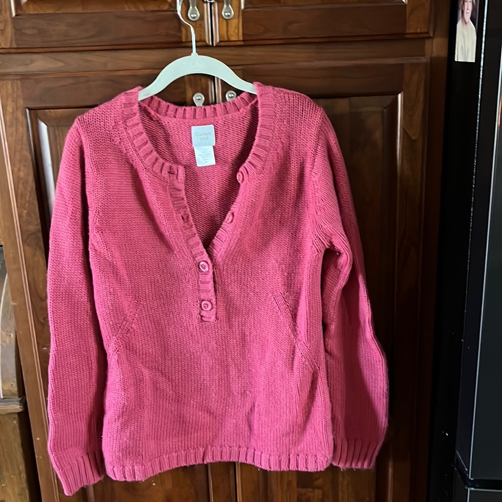 Garnet Hill, pink, 3/4 button v neck, rib knit